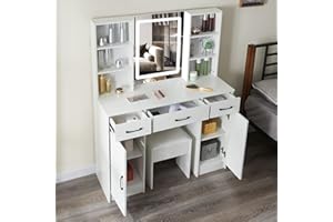 Puselo White Dressing Table Vanity Table with Mirror and Stool Makeup Vanity Table with Lights and Drawers,Cushioned Stool,Vanity Desk for Women Girls Bedroom (100x40x140cm)