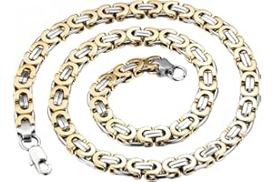 OIDEA Collana a maglia bizantina, in oro, set da 2 pezzi, vintage, in acciaio inox, 61 cm, 21,5 cm, da uomo e da donna