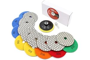 BRSCHNITT Dry Diamond Polishing Pads Set 4 Inch Grit 50x3/100x2/200/400/800 - Dry Polish Pad Kit 8pcs for Granite Marble Concrete Quartz Marble Floor Polishing Plus a M14 Plastic Backer and Adapter