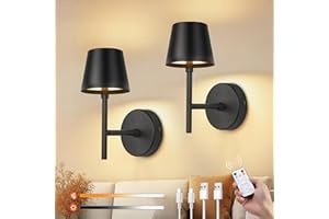 Ketom Rechargeable Wall Lights Set of 2, Battery Operated Wall Lights Black with Remote, 3 Color Temperature & Dimmable, Wireless Sconces for Bedroom Living Room Hallway Night Light, Smooth Finish