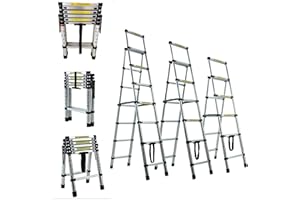 RIGOGO Scala telescopica pieghevole 1,7 + 2 m, in alluminio, antiscivolo, 5 + 6, scala a gradini, allungabile, multiuso, con stabilizzatore, portata 150 kg, EN131