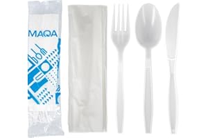 MAQA 100 Kit Posate Riutilizzabili in CPLA – Forchetta, Coltello, Cucchiaio e Tovagliolo 2 Veli – Imbustati Singolarmente – Compostabili e Certificati per Uso Alimentare – Ideali per Eventi, Catering