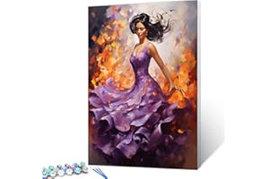 Tucocoo Kit de peinture à l'huile sur toile avec pinceaux pour enfants, étudiants, adultes débutants - 40,6 x 50,8 cm - Motif danseuse dans une robe violette - Graffiti flamenco femme (cadre à faire