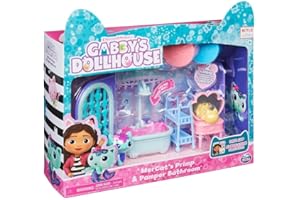 SPIN MASTER Domek dla lalek Gabby, łazienka Primp and Pamper z figurką MerCat, 3 akcesoria, 3 meble i 2 dostawy, zabawki dla dzieci w wieku 3 lat i starszych