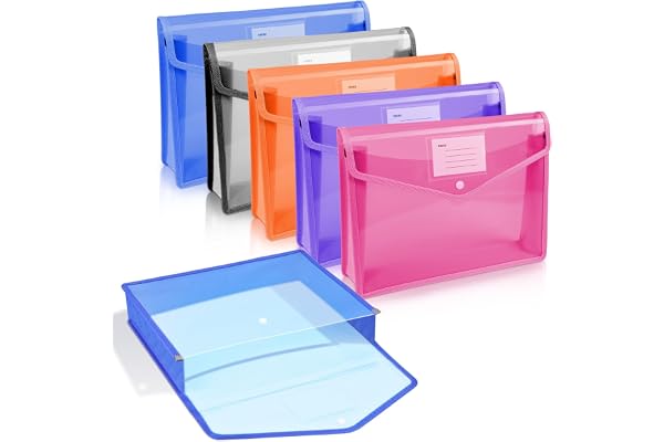 Vicloon A4-plastmappar för dokument, 5 st vertikala plastmappar, kuvert för skola, kontor, hem, med tryckknappsknäppning och