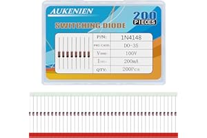 AUKENIEN 200 Piezas 1N4148 Diodos de Conmutación Rápidos 200mA 100V DO-35 4148 200 mA 100 Voltios Axial IN4148 Diodo Señal Pequeña de Alta Velocidad Electronica de Silicio