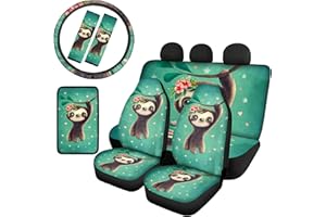 Binienty Auto-Sitzbezüge mit Faultier-Motiv, für Vorder- und Rücksitze, Lenkradbezug, Armlehnenkissen und bequeme Gurtpolster, 8-teiliges Set