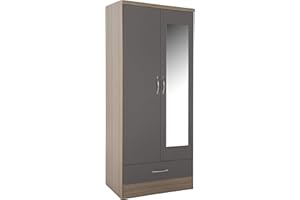Seconique Nevada Mirrored 2 Door Wardrobe in Grey Gloss/Light Oak Effect Veneer