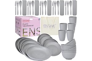 ENSINE Camping Crockery Set, Premium Plastic Tableware Set, Unbreakable Picnic Tableware for 5 People, Lightweight and Portable, Ideal for Camping, Outdoor Activities and Picnics (Grey)