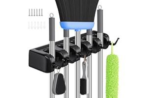 KAGUOl Accroche Balai Mural, 5 Supports et 6 Crochets Noir Porte Balais Mural, Support Balais Mural, Porte Balais Mural, Rangement Balai, Attache Balai Mural, Organiseur d'outils de jardin