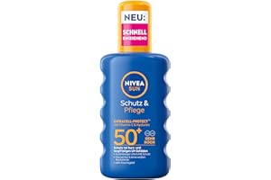NIVEA SUN Schutz & Pflege Sonnenspray LSF 50+, wasserfestes Sonnencreme Spray mit Vitamin C & Hyaluron, schnell einziehender Sonnenschutz für 48h Feuchtigkeit (200 ml)
