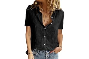 PASUDA Blusas de Mujer Algodón Camiseta Manga Corta Elegante Verano Camisa con Botón Cuello en V Casual Blusa Shirts Tunic Tops
