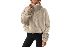 FEIBEAUTY Fleecejacke Damen Casual Warm Langarm Pullover Mit Tasche Elegant Stehkragen Sweatjacke Mit Reißverschluss Teddy Fleece Jacken Weich Plüschjacke Frauen Übergangsjacke Komfort Teddyjacke Winterjacke