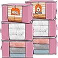Lifewit 95L Clothes Storage Bags Large Storage Box With Lid Packing Boxes for Moving House With Reinforced Handle Thick Fabric Clear Window for Clothes Duvet Blankets Bedding, 6 Pack, Pink