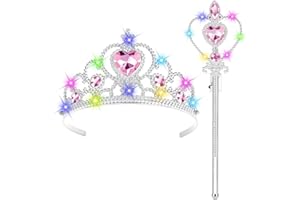 HOTUT Light Up Princess Tiara Set, Princess Dress Up Accessories Set Included Princess Crown Tiara and Wand, Costume Jewellery Toys, Princess Dress Up for Girls Birthday Party Halloween Cosplay