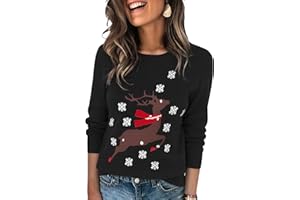 Crewhpo Damski sweter świąteczny sweter zimowy ciepły świąteczny sweter z długim rękawem świąteczny sweter z okrągłym dekoltem świąteczny sweter z nadrukiem renifera, płatek śniegu S-XXL