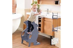 BUEDEHAI Wooden 2 Step Stool for Toddlers, Adjustable Height Toddler Learning Standing Ladder Tower with Handrails, Kitchen Toddler Stool Helper for Bathroom Sink Toilet Potty Training