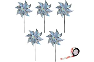 BEIIEB Lot de 5 moulins à vent réfléchissants avec 1 rouleau de ruban répulsif pour oiseaux, répulsif au laser, répulsif pour oiseaux, pour fenêtre, verger, ferme, étang.