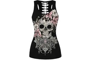 Ocean Plus Femme Crâne Sport Débardeurs Gothique Cache-cœur Gilet d'entraînement sans Manches Chemise Criss Cross Noir T-Shirt Halloween