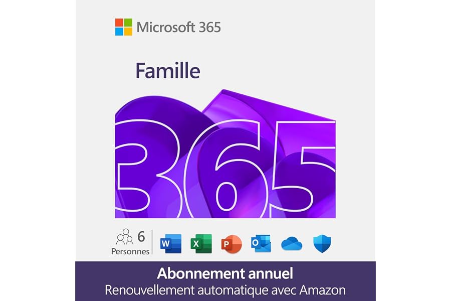 Microsoft 365 Famille | 12 mois | 6 utilisateurs | Applications Office avec IA | Jusqu'à 6To de Stockage Onedrive | Abonnemen