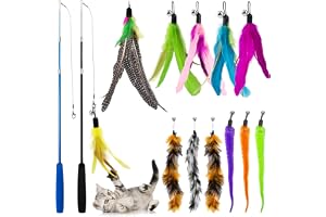 AMFUN Set med 14 st kattfjäderteaser, interaktiva kattleksaker med 2 infällbara kattstavar och 12 ersättningsleksaker för ino