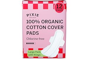 PIXIE CUP Pixie Organic Cotton Large Pads for Women - Extra Heavy Absorbency with Wings - Leak-Proof, Hypoallergenic & Unscented - Compostable, Biodegradable - 12 Count