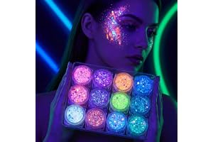 12 färger, festival, paljetter, ansikte, fluorescerande, glitter och fosforescerande i mörkret, för kropp, hår, smink, neonfest, karneval, scen, konsert, vuxna, halloween, bröllop