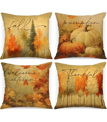 Fall Cat Pillow Cover - 18x18 Inch Autumn Leaves & Pumpkin Design, Linen Feel, Hidden Zipper