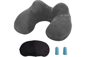LUZWAY Cuscino da Viaggio Gonfiabile, Cuscino Gonfiabile, Cuscino Aereo, Cuscino Cervicale da Viaggio,Cuscino Collo Viaggio - Inclusa Tappi per le Orecchie, Maschera - Grigio