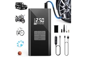 DIHOOM Compressore Aria Portatile - Pompa per Bicicletta da 45L/min con Supporto per Power Bank, Illuminazione a LED, Batteria da 6000mAh, Ideale per Auto, Biciclette, Motociclette e Palloni