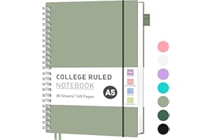 RETTACY A5 Notebook, Journals for Women Lined,Wirebound Spiral Notebook 160 Pages for Writing,100gsm College-Ruled Paper, PVC Pocket,Pen Loop, Ruler, Bookmark,14.5 x 20.7cm- Light green