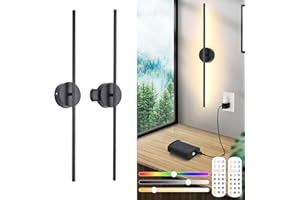 PINRUTAR Bezprzewodowa Lampa Ścienna Wnętrz Z Pilotem I Przełącznikiem Dotykowym, 2 Pack, LED Lampa Ścienna Ładowana USB, Wyjmowana Bateria 8000mah, 15 Kolorów, Obrót 360°, Timer, Czarny, 80CM