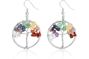 JOVIVI Paire Clou Boucle d'oreille Arbre de Vie Crochet 7 Chakra Pierres Naturelles Perles d'Energie Cuivre Tibétain Bouddhiste avec Pendentif Arbre de la Vie Bijoux de Corps Beauté