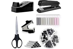 MUJILUXE Materiały biurowe, czarne akcesoria biurkowe, zestaw dozowników zszywaczy i taśmy klejącej z usuwaczem zszywek, zszywkami, uchwytem na długopis, klipsami, nożyczkami, prezent dla kolegów z pracy