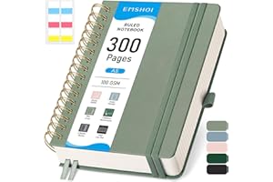 EMSHOI A5 Notebook College Ruled, Spiral Notepad 150 Sheets/300 Pages, 100gsm, HardCover, Sticky Notes, Pocket, Pen Loop, Ruler, Bookmark, Lined Journal for Women Men Writing, 14.5 x 21cm, Sage Green