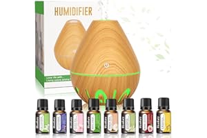 XUNIVERS 200ML Difusor Aceites Esenciales,Humidificador de Aromas con 8x10ml Aceites Esenciales,Humidificador Ultrasónico y Ultrasilencioso con 7 Colores LED, Ultra Silencioso, Grano de Madera