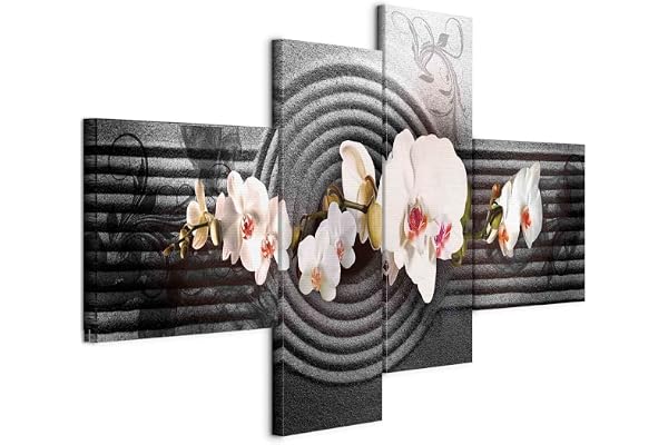 B&D XXL - Tableau décoratif moderne 200x90 cm - Impression sur toile colorée - Décoration murale pour salon et chambre - Cadre en Bois - Gris - Fleurs orchidées modernes 051408
