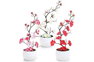 YAOYIN® Fleurs Artificielles Deco, 3 Pcs avec Pots Plante Artificielle Fleur de Prunier (27CM), Fleurs Artificielles Extérieure Intérieure, Fausse Fleur, pour Maison Bureau Jardin Table Décoration