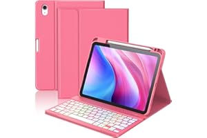KBCASE Coque Clavier pour iPad A16 11/10 Ème Generation (11 Pouces 2025/10.9 Pouces 2022) Étui Keyboard Bluetooth pour iPad 10eme/11eme avec 7 Couleurs Rétroéclairées,Porte Crayon,AZERTY Français,Red