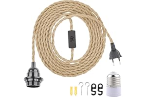 BlueXP Douille de Lampe E27 Vintage avec Interrupteur et Câble 4.5m en Corde de Chanvre Tressée Vintage Anneau à Vis pour DIY Lampe Suspension Lumière Pendante Industrielle pour Salon Chambre Bar