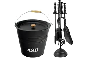 ADEPTNA 5-Piece Cast Iron Fireside Companion Set - Fireplace Tool Set with 12L Ash Bucket, Lid, Broom, Shovel, Tong & Poker on Stand - Perfect for Wood Burners, Coal Stoves, and Fireplaces