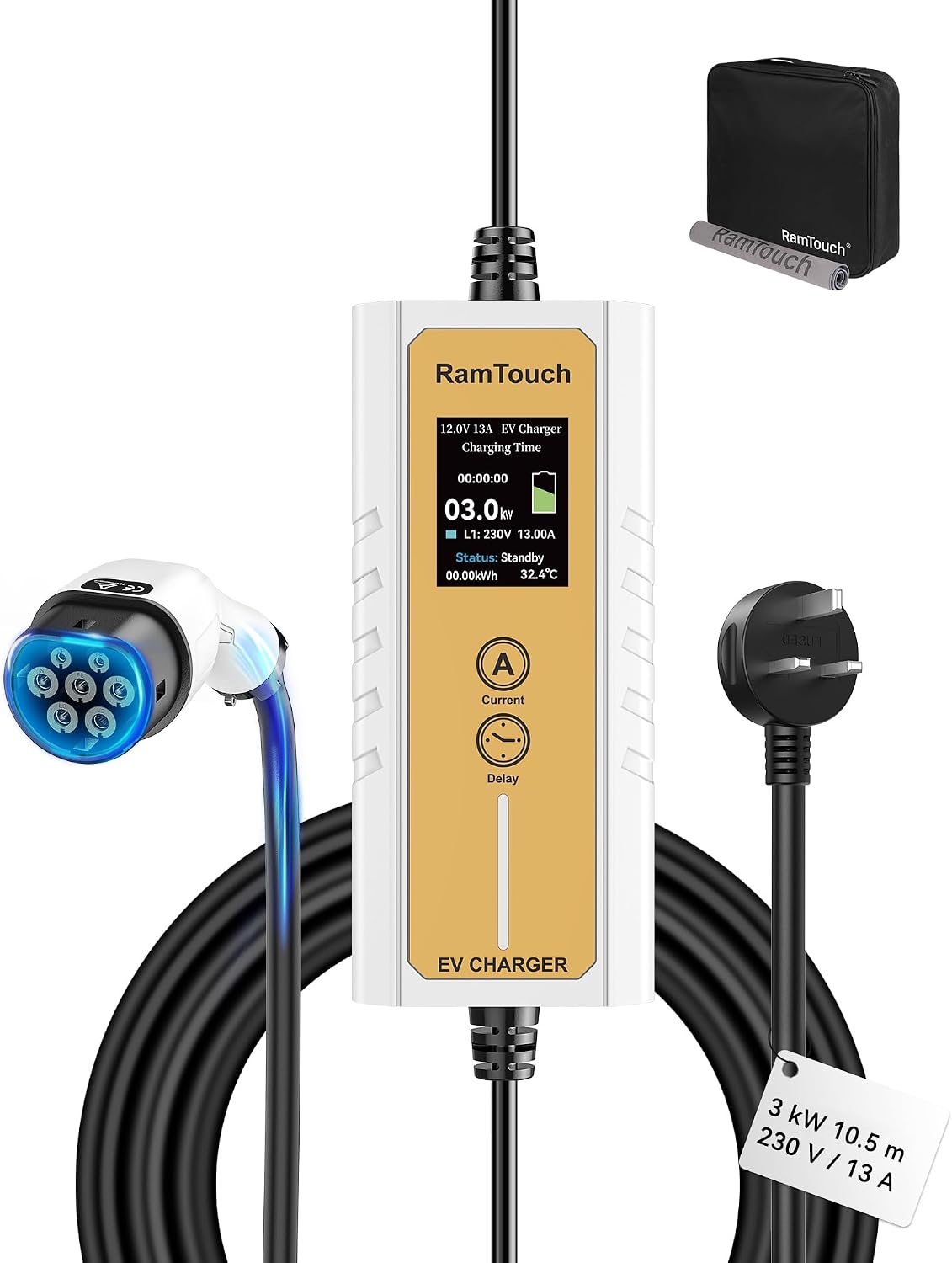 RamTouch Electric Vehicle Charger (3 kW, Type 2, UK 3-Pin Plug, 10.5 m), IP65 Portable Car Charger with Adjustable Current (6A–13A) and Delayed & Timed Charging, Compatible with EVs and Hybrids