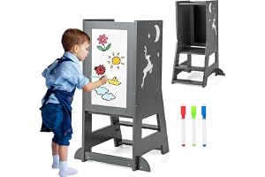 COSTWAY Tour d'Apprentissage Enfant avec Hauteur Réglable & Tableau, Tour d'Observation Montessori en Bois avec Rail de Sécurité & Pieds Anti-Bascule, Charge 70kg pour Enfant de 1-7 Ans (Gris)