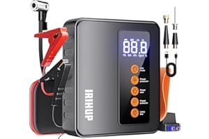 IRIHUP Starthilfe Powerbank mit Luftkompressor, 6000A 150PSI Auto Starthilfe (10L Benzin/9L Diesel), 12V Starthilfe,Powerbank für Auto mit 600 Lumen LED