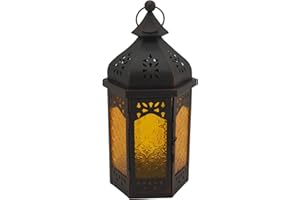 Rebecca Mobili Portacandela Etnica, Lanterna Gialla Nera, Vetro Metallo, per Arredo Interno Esterno - Misure: 32 x 16 x 14 (HxLxP) - Art. RE6559
