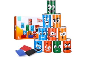 LEAZZLE Tiro al Bersaglio Bambini, Gioco del Lancio di 10 Lattine e 3 Sacchi di Fagioli, Giochi da Giardino per Bambini, Giochi per Feste di Compleanno Bambini, Giochi da Esterno per Bambini