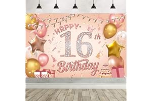 DSLIHA Happy 16th Birthday Banner Rose Gold Birthday Party Decoration Backdrop, 16th Birthday Poster Fabric Banner Photography Background for Girls Women, 110 x 180 cm (16th)