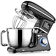 Angju Stand Mixer, 1500W Electric Dough Mixer with 6 Speeds LCD Screen Timing, Tilt-Head Food Mixer with 5.5L Stainless Steel Bowl, Dough Hook, Flat Beater, Whisk, Scraper, Splash-Proof Cover (Black)