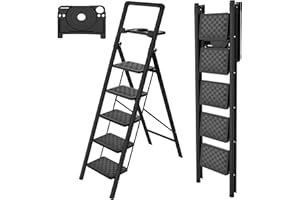 HBTower 5 Step Ladder with Tool Tray, Compact Folding Step Stool with Anti-Slip Pedals & Rubber Feet, Heavy Duty Steel Frame, 150kg Capacity, Easy to Carry for Home and Kitchen Use