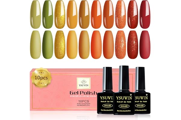 YSUVIN Vernis Semi Permanent, 10 Couleurs Automne Hiver Citrouille Orangé Jaune Vert Rouge Feuille d'érable Paillettes Ongles Soak Off UV L'automne Gel DIY Kit de Manucure Beauté Cadeaus